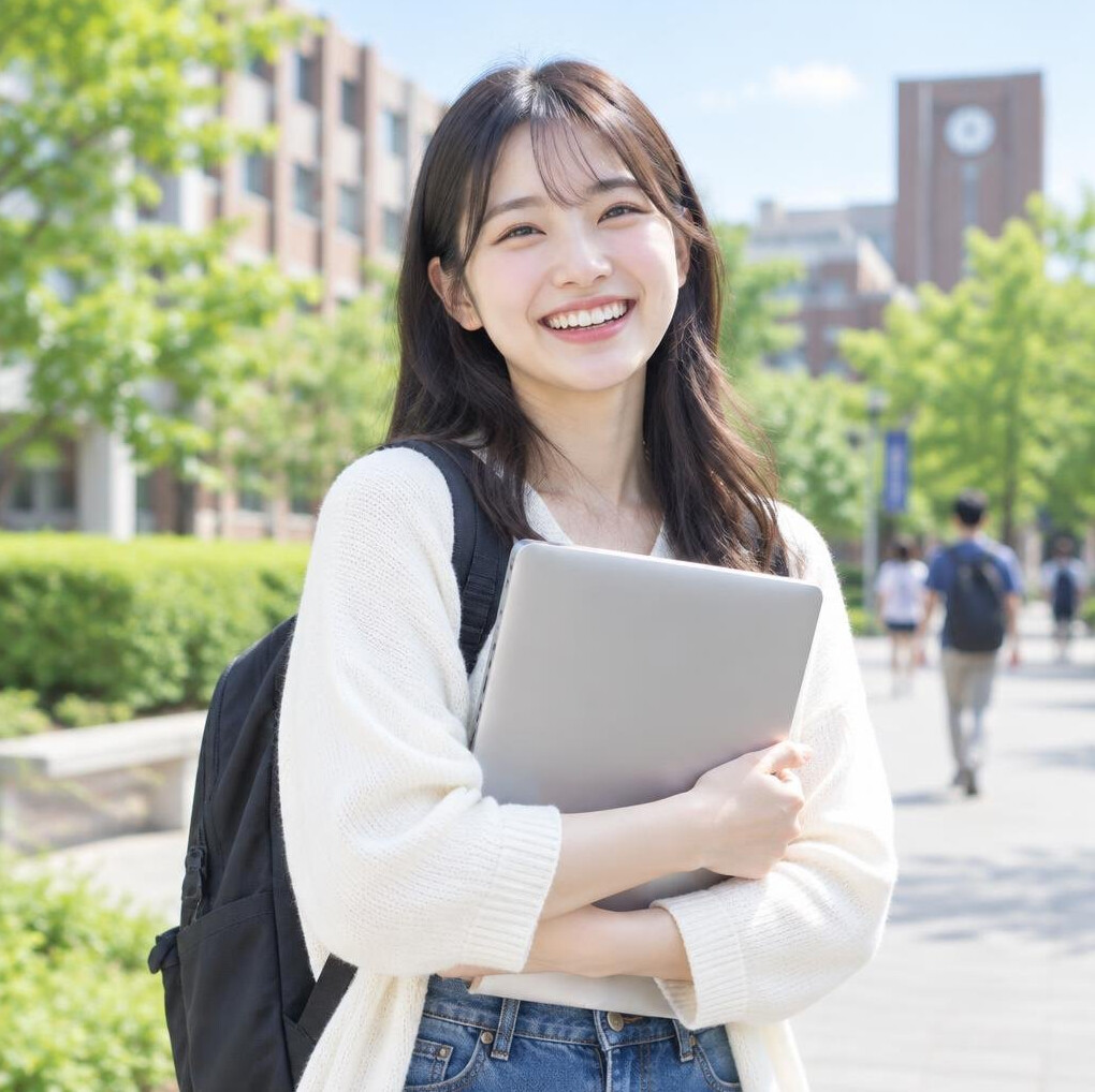 Smiling Japanese student holding a laptop outdoors