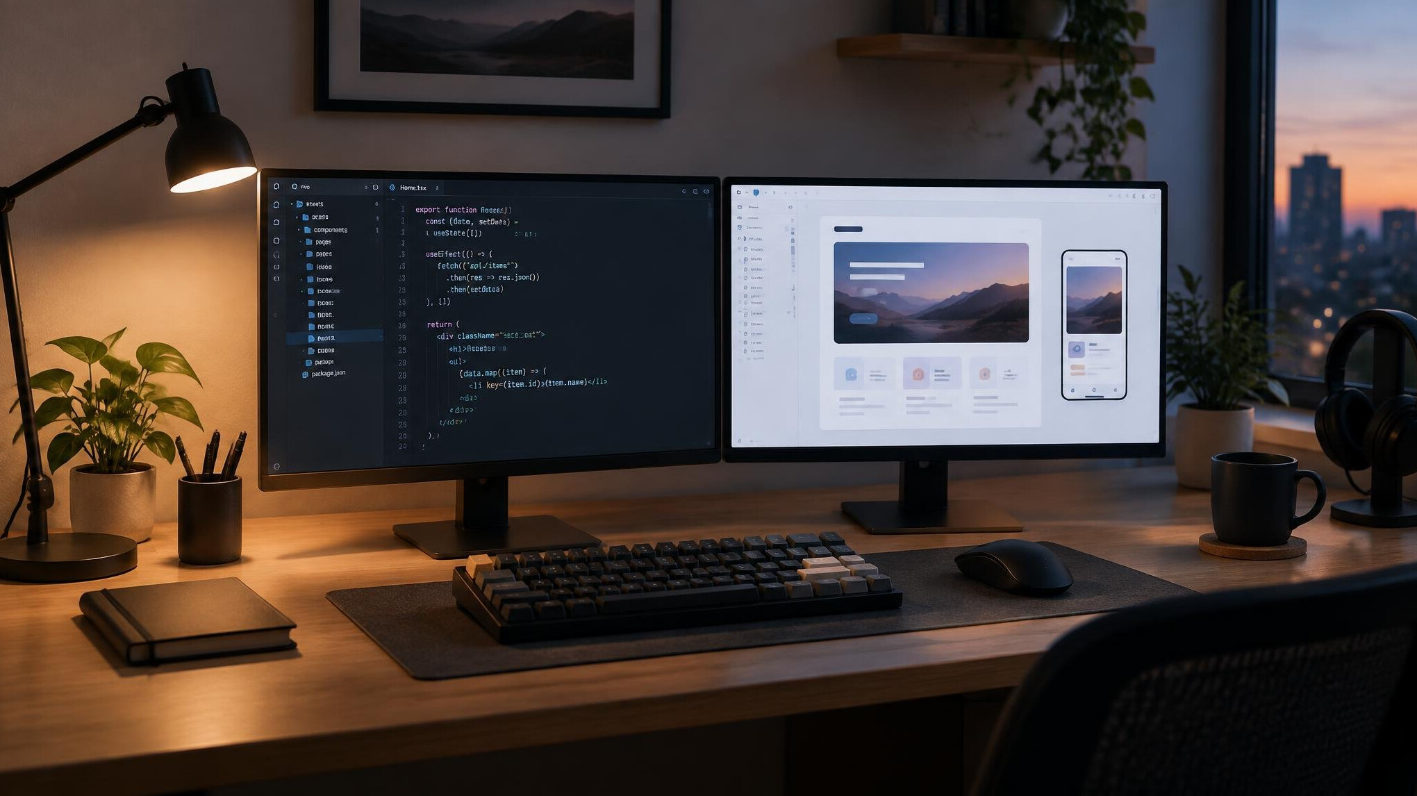 Minimalist desk setup with dual monitors showing code