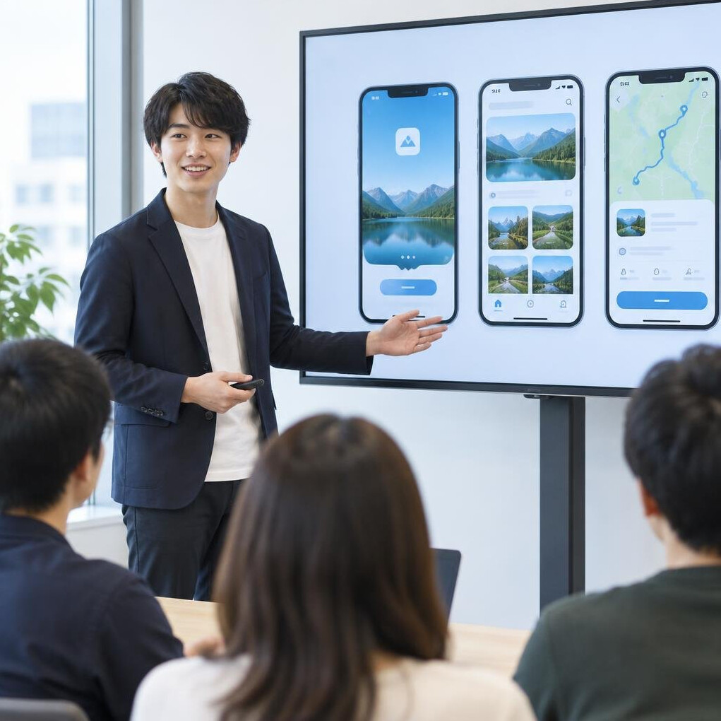 Young Japanese developer presenting a finished app to classmates