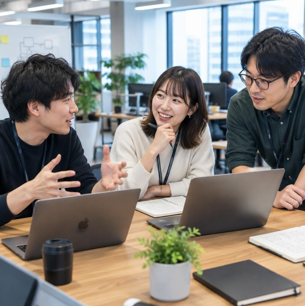 Team of Japanese software developers collaborating around a table