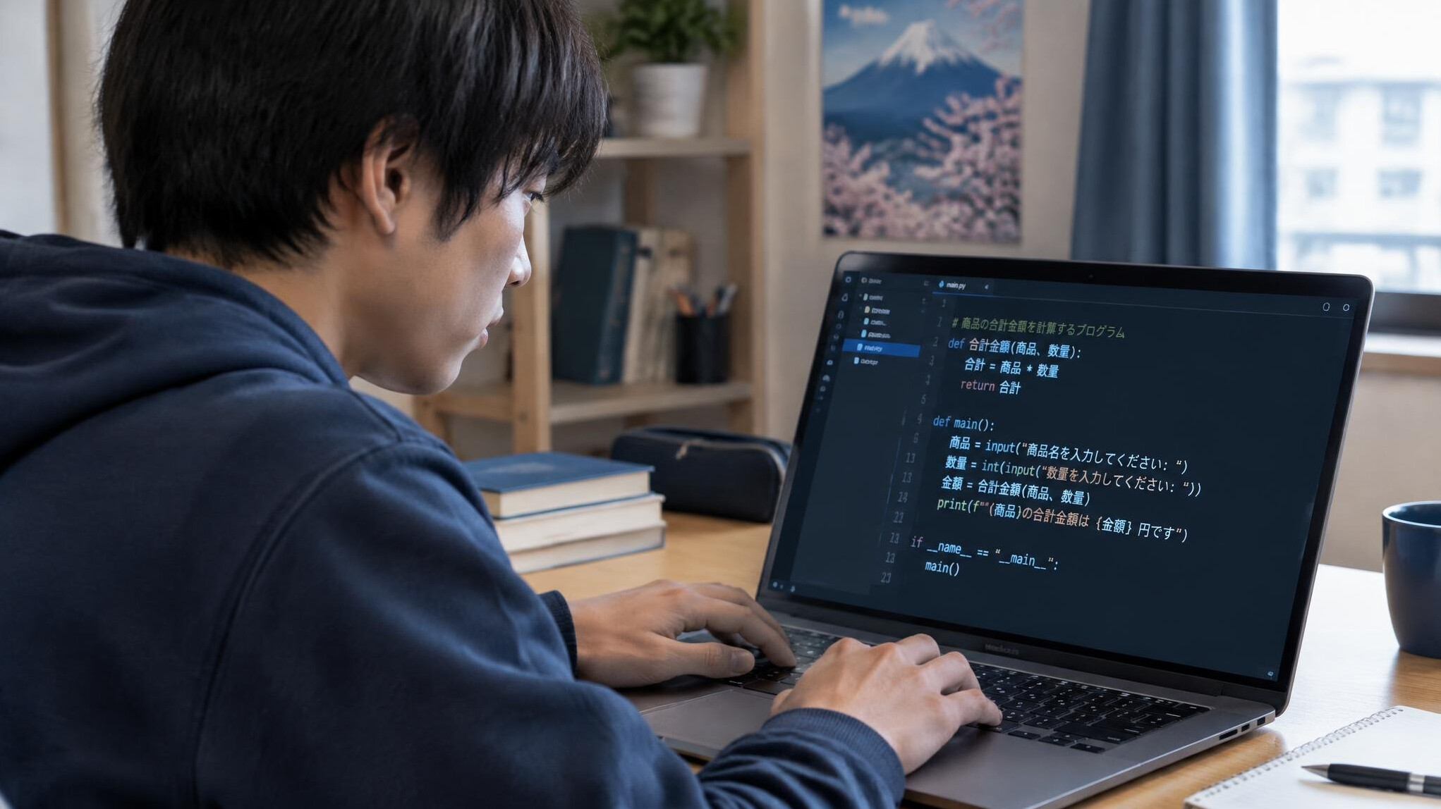 japanese student coding on laptop