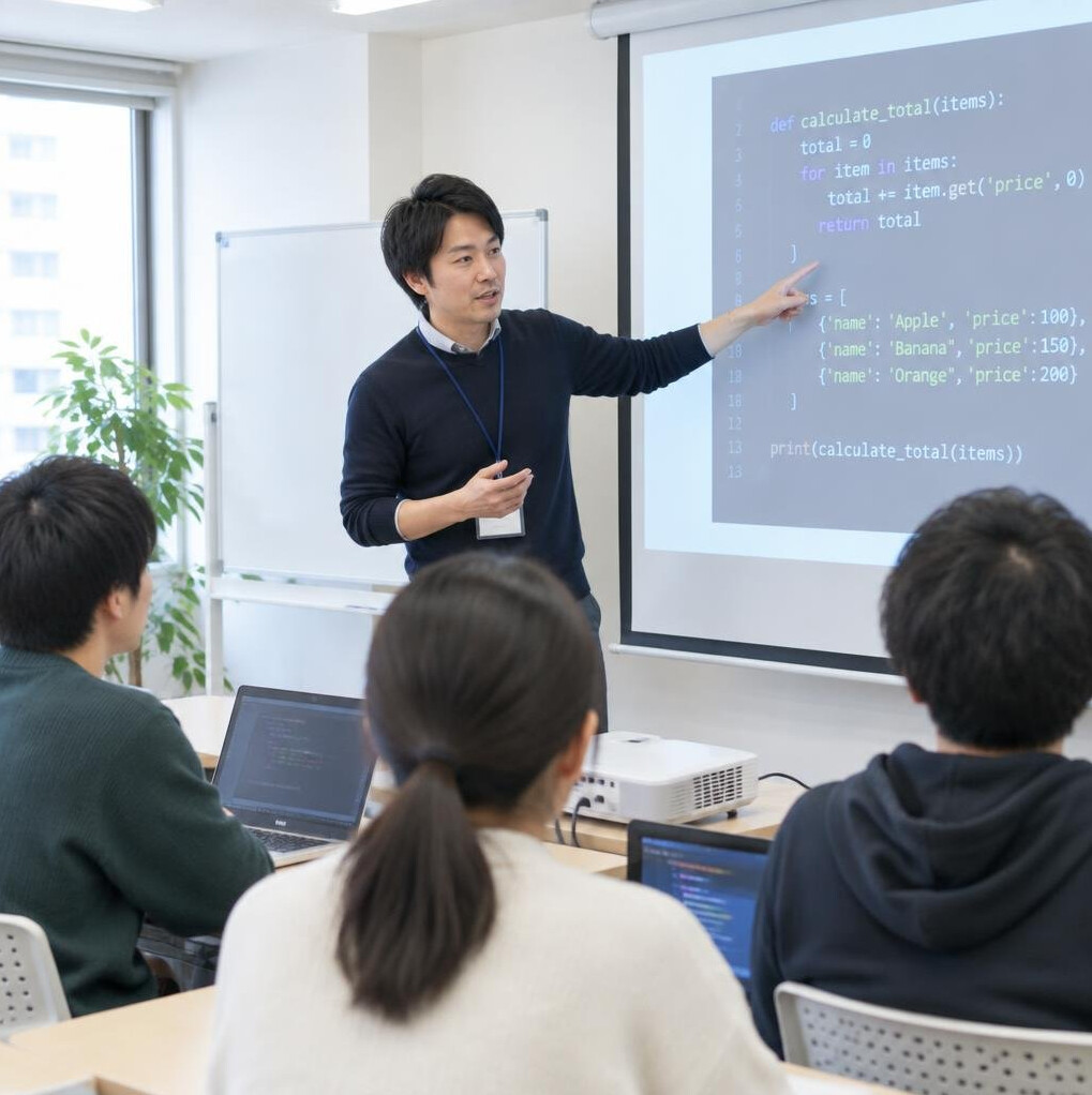 Japanese instructor teaching a small programming class