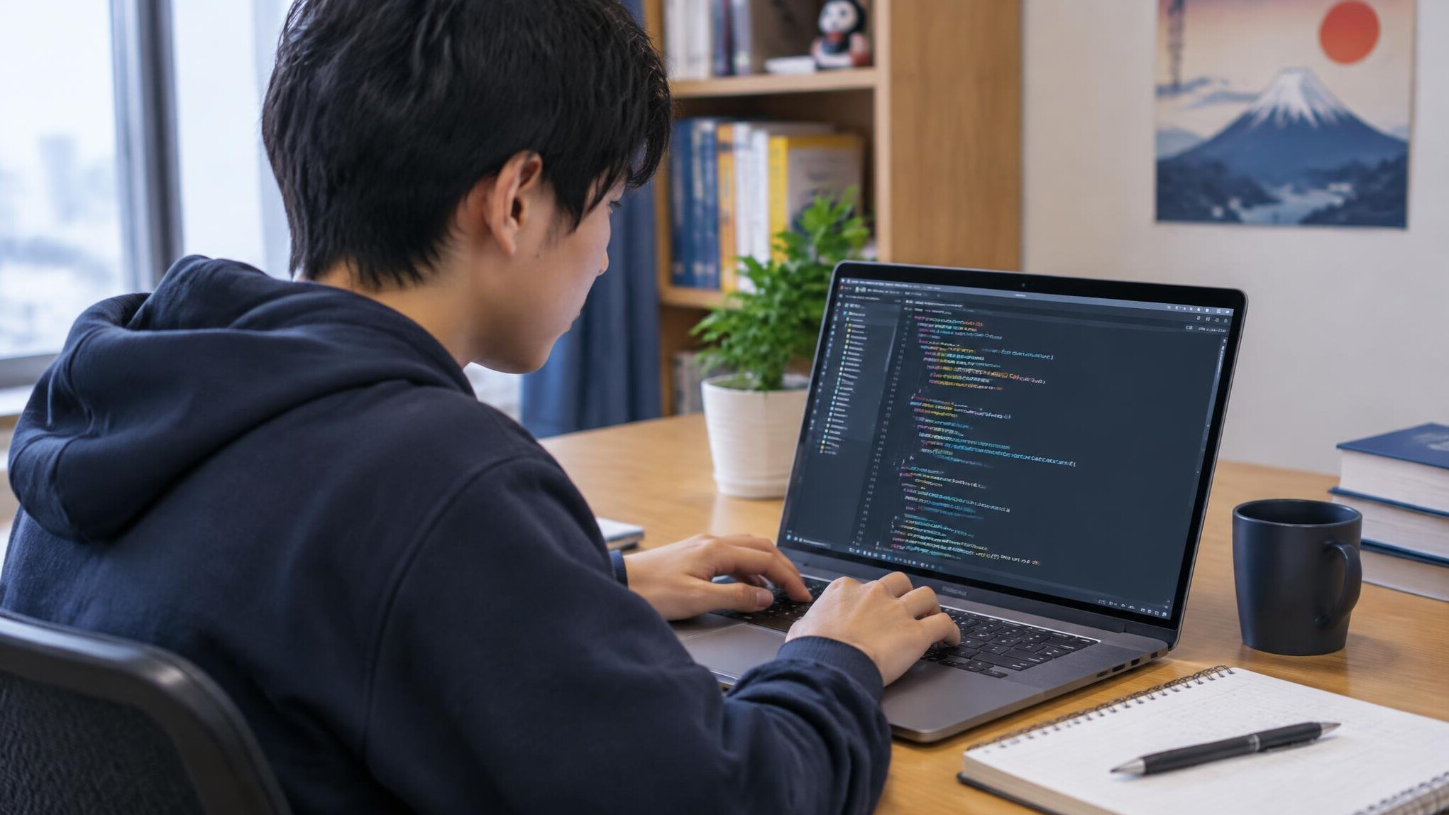 japanese student coding on laptop