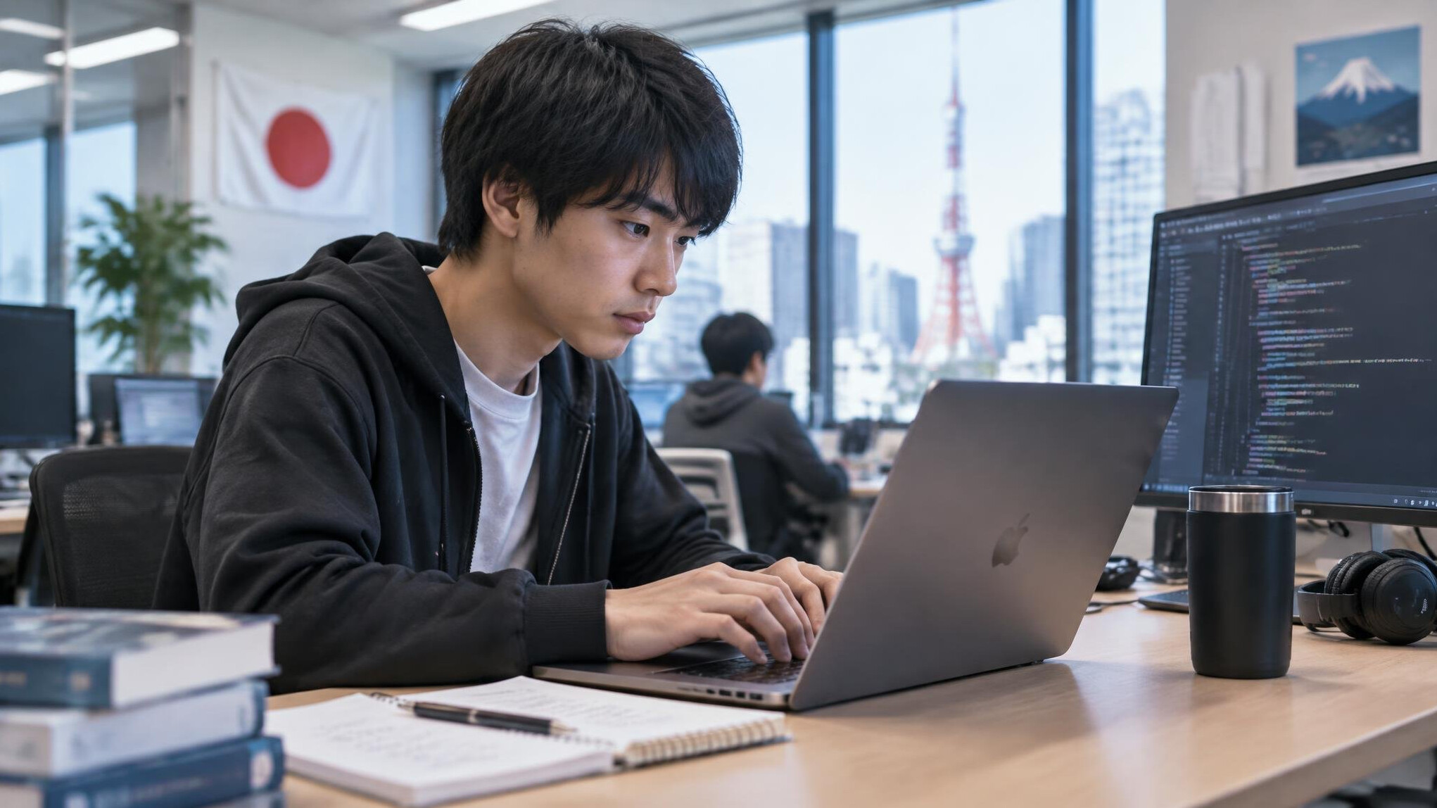 japanese coder at desk